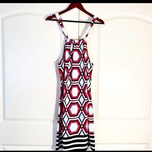 Crown & Ivy colorful geometric and striped sleeveless dress with tie back.